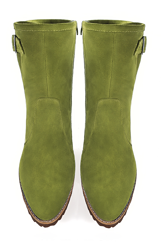 Pistachio green women's ankle boots with buckles on the sides. Round toe. Flat rubber soles. Top view - Florence KOOIJMAN
